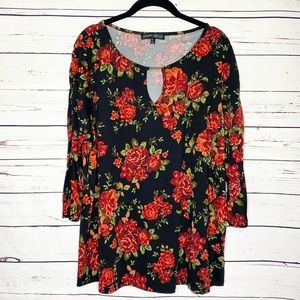Inner Circle Black & Red Rose Floral 3/4 Sleeve Tunic Top Size XL